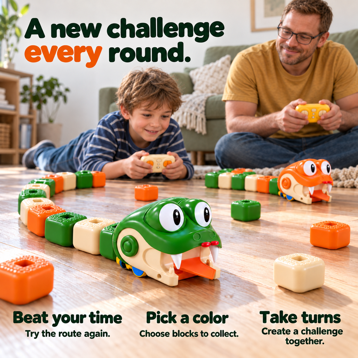 Father and son with playful snake toys