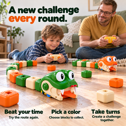 Father and son with playful snake toys